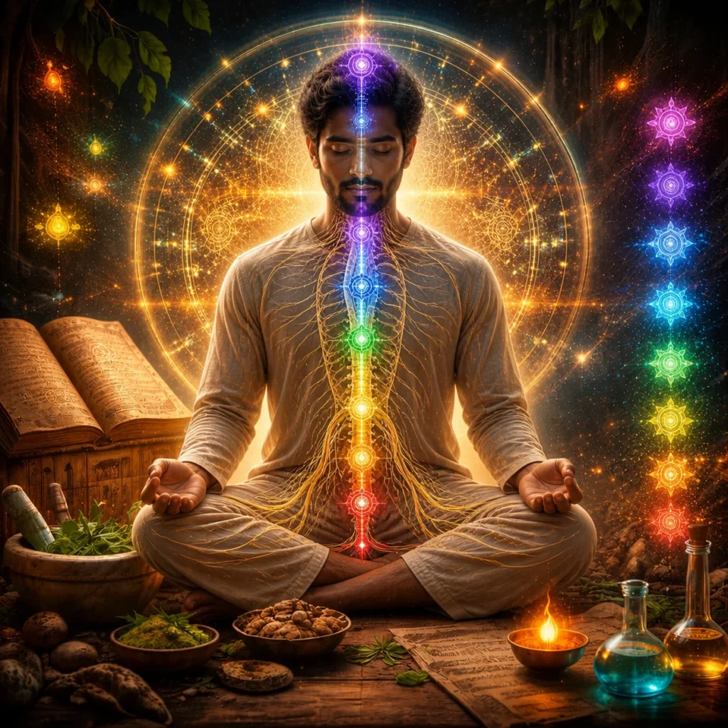 Man meditating with glowing chakra alignment along the spine, representing holistic healing at Dr. Saalai JK Siddhar Vanam Siddha Hospital, Trichy.